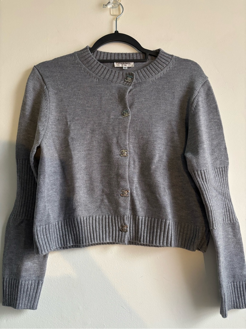 CHANEL Gray Ribbed Crewneck Button Cardigan